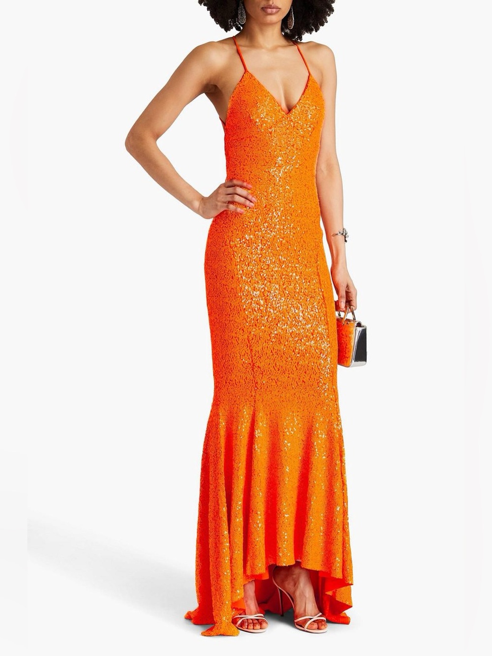 Norma Kamali Petite Sequin Low Back Mermaid Gown Neon Orange XS NWT